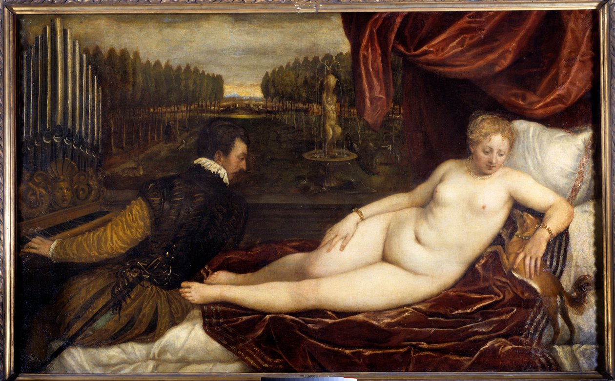 The concert. A nude woman lies near a man playing the organ by Tiziano Vecelli