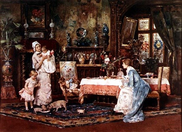 Mother and Child in an Elegant Interior by Tito Lessi