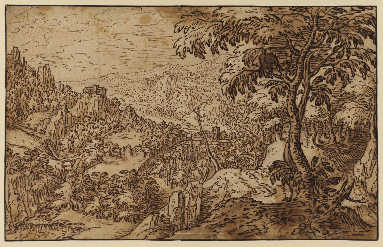 Mountainous landscape with a Cross by Tobias follower of Verhaecht