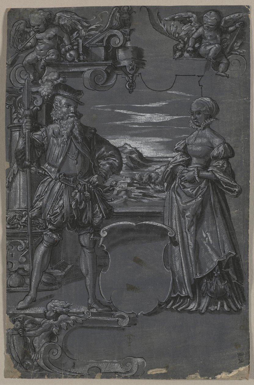 Design for Glass Painting: Man and Woman in Architectural Setting by Tobias Stimmer