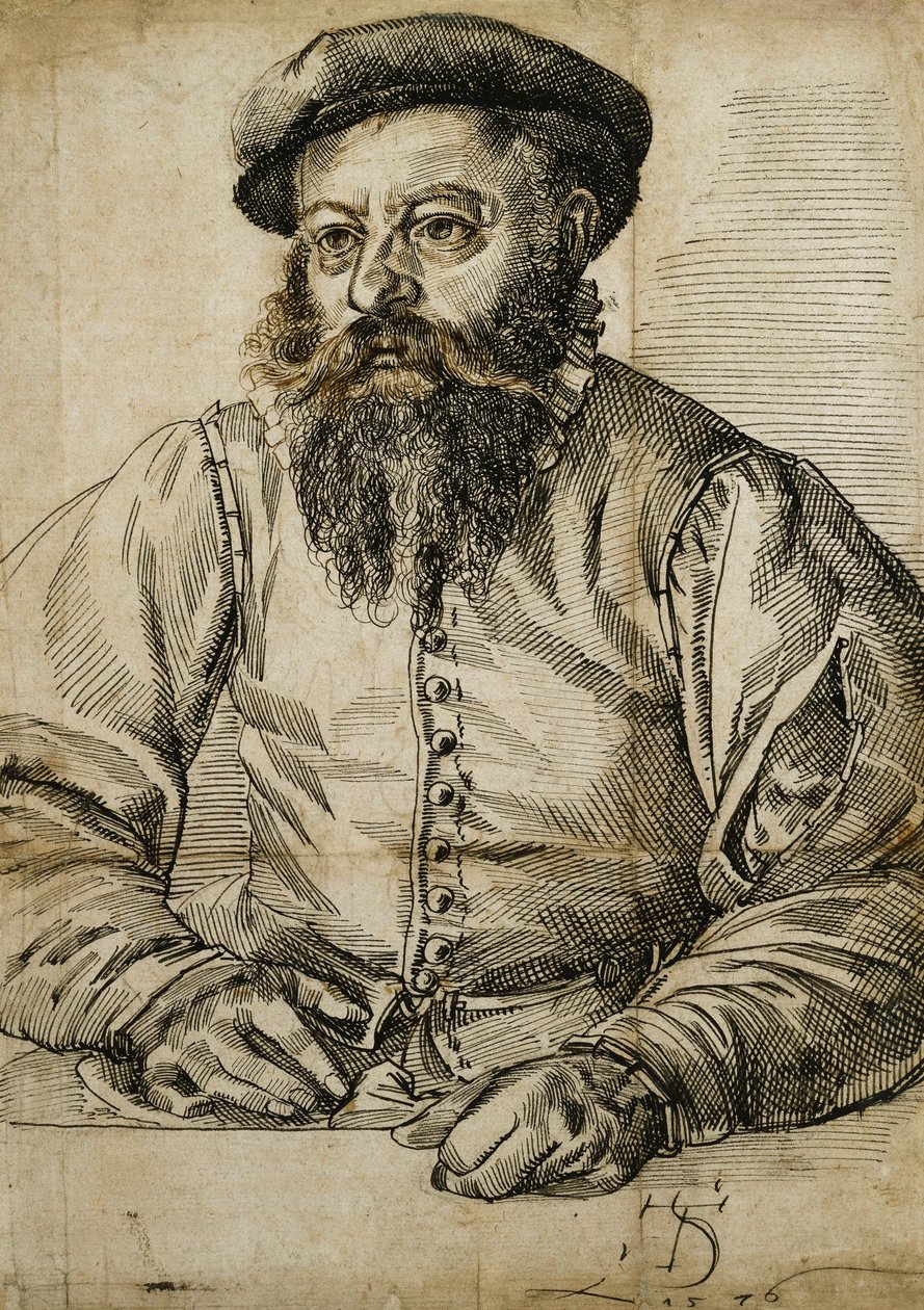 Portrait of a Bearded Man, Half Length, Seated at a Table by Tobias Stimmer