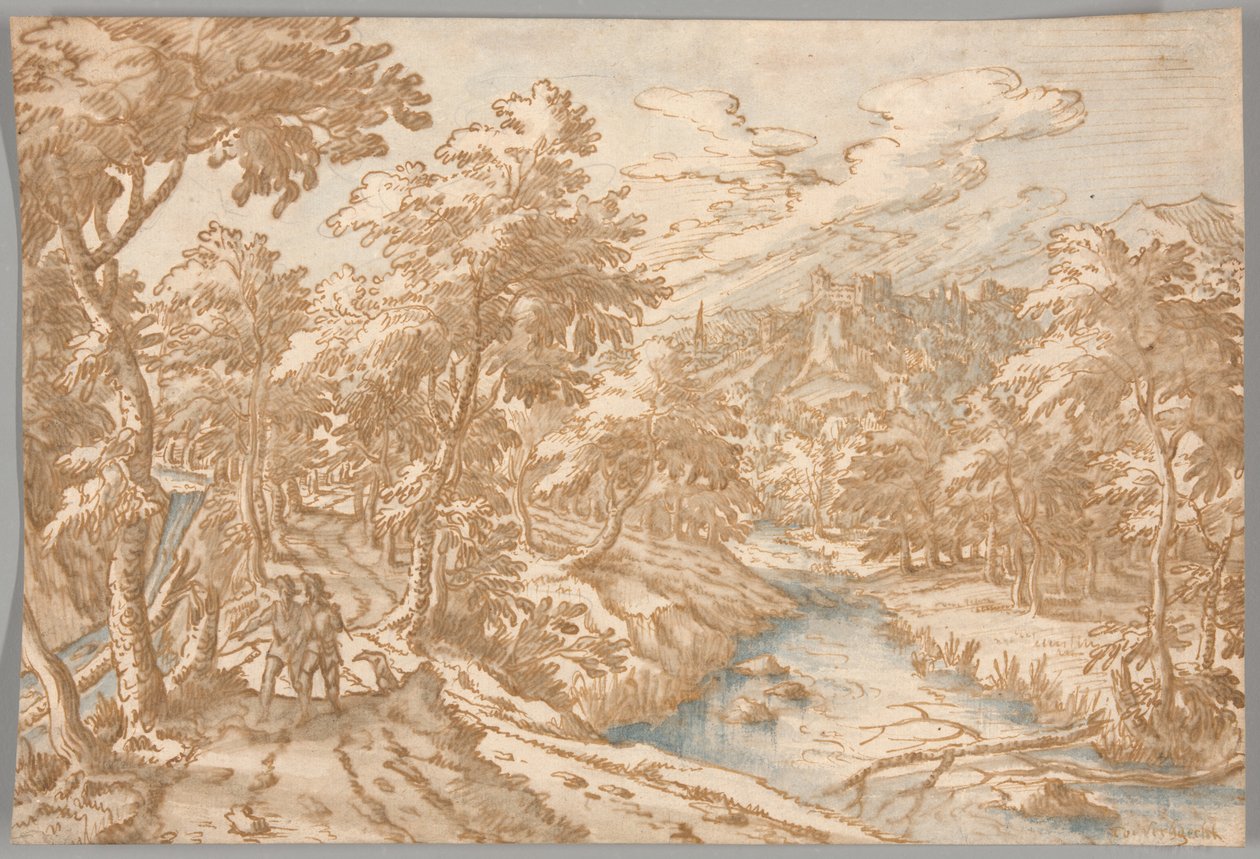 Landscape with Two Men Walking by Tobias Verhaecht
