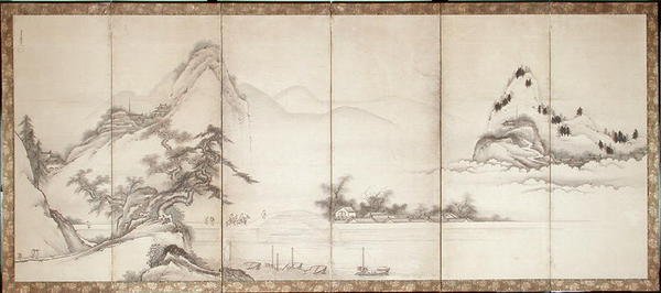 Travellers on a lakeside bridge, c.1700 by Toetsu Toetsu