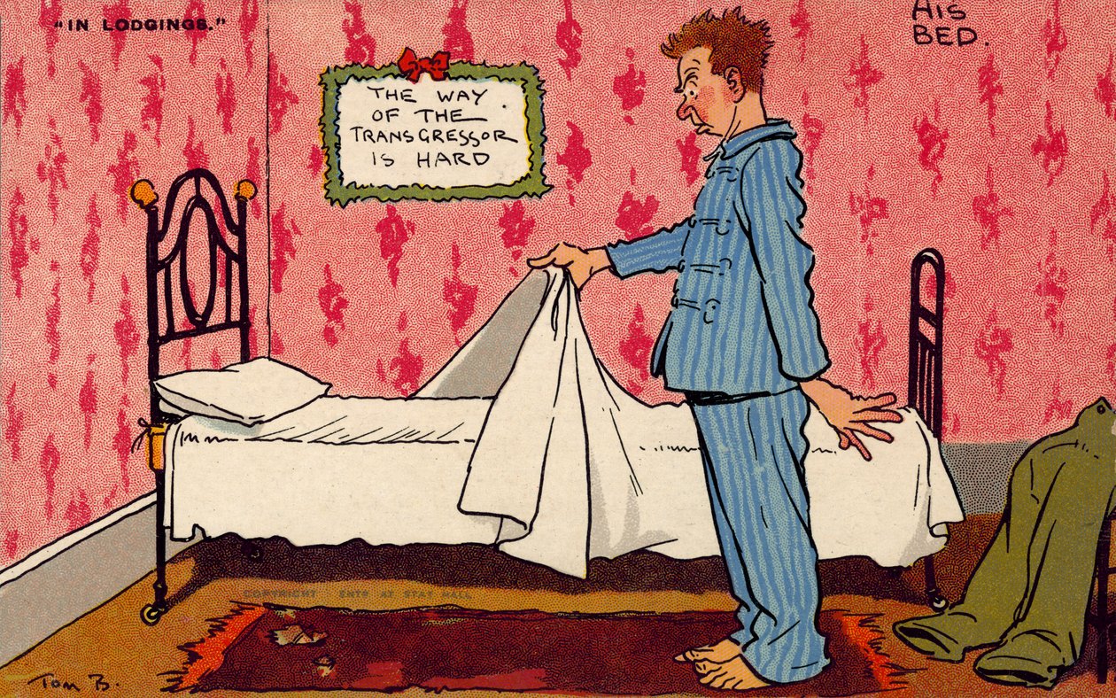 Man Contemplating His Uncomfortable Single Bed by Tom Browne