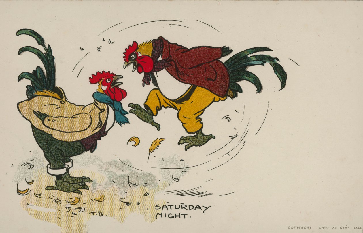 Saturday night, two chickens fighting by Tom Browne