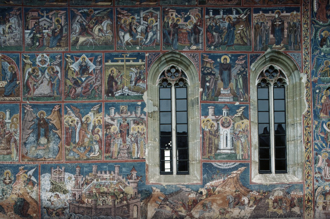 Figures of Saints, fresco on outside walls of Moldovita monastery by Toma de la Suceava