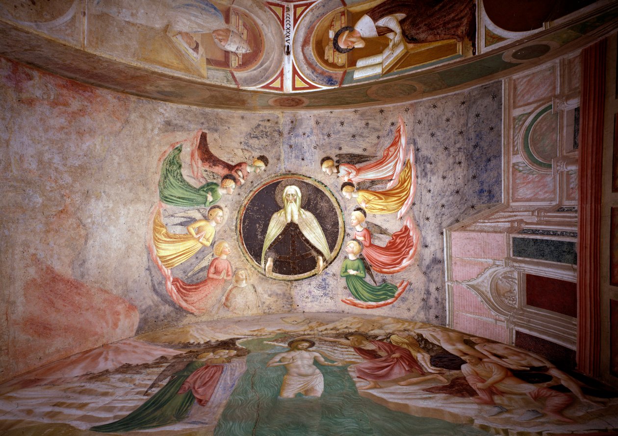 Life cycle of Saint John the Baptist: God the Father surrounds angels, the baptism of Christ and Saint Jerome in his study by Tommaso Masolino da Panicale