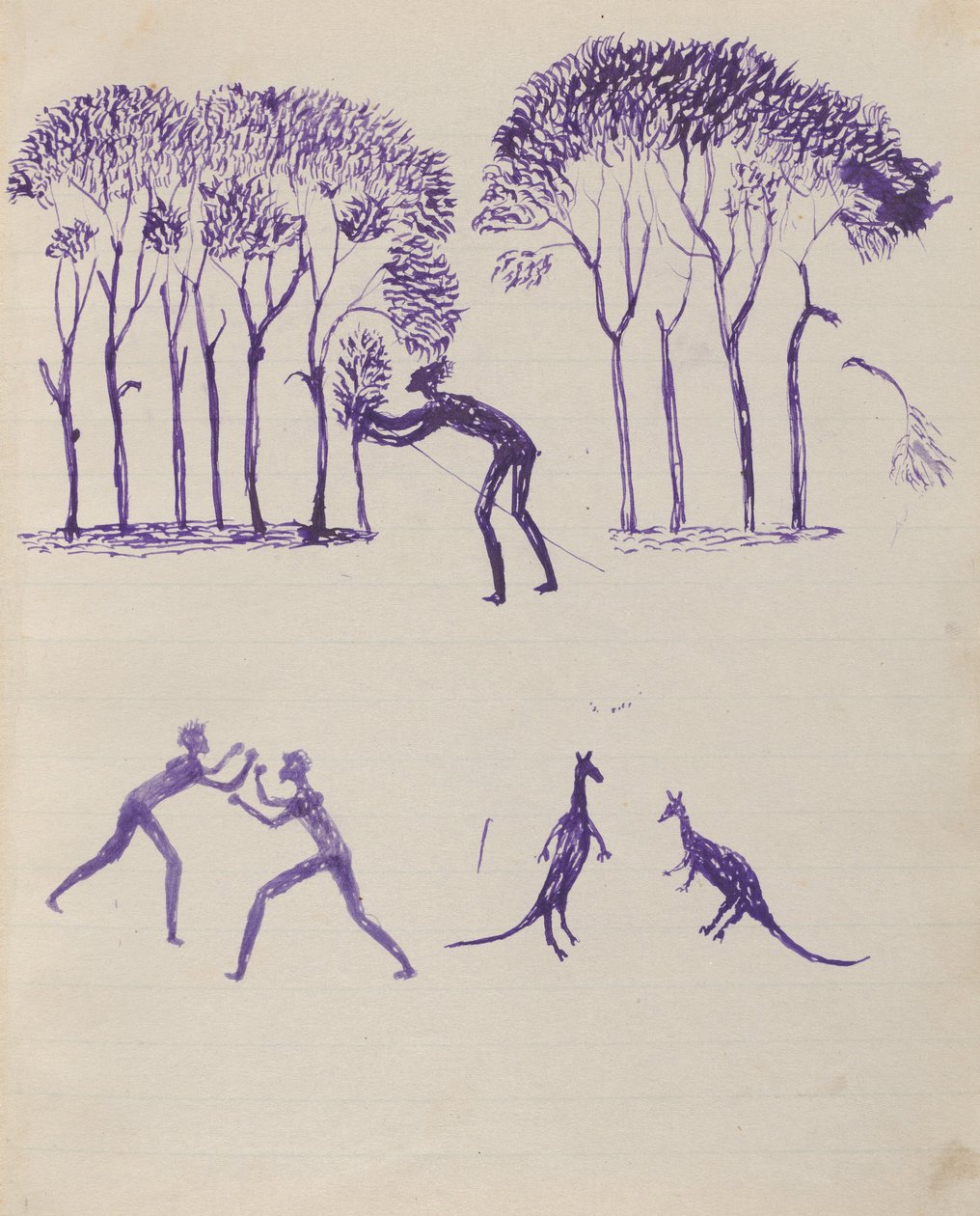 Kwatkwat people - (Aboriginal hiding in trees; fight; fighting kangaroos) Sketchbook mainly of activities of Aboriginals by Tommy McRae