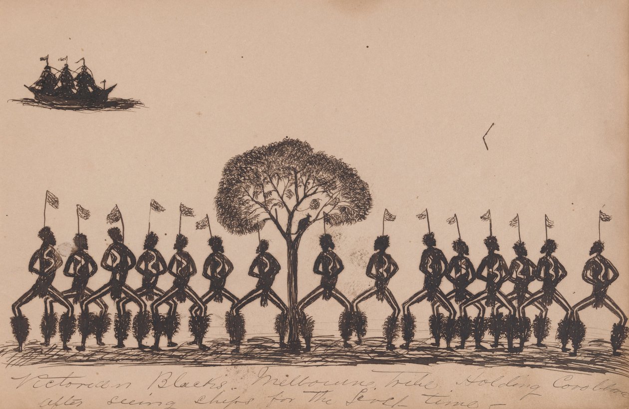Victorian Blacks - Melbourne Tribe Holding Corroboree After Seeing Ships for the First Time by Tommy McRae