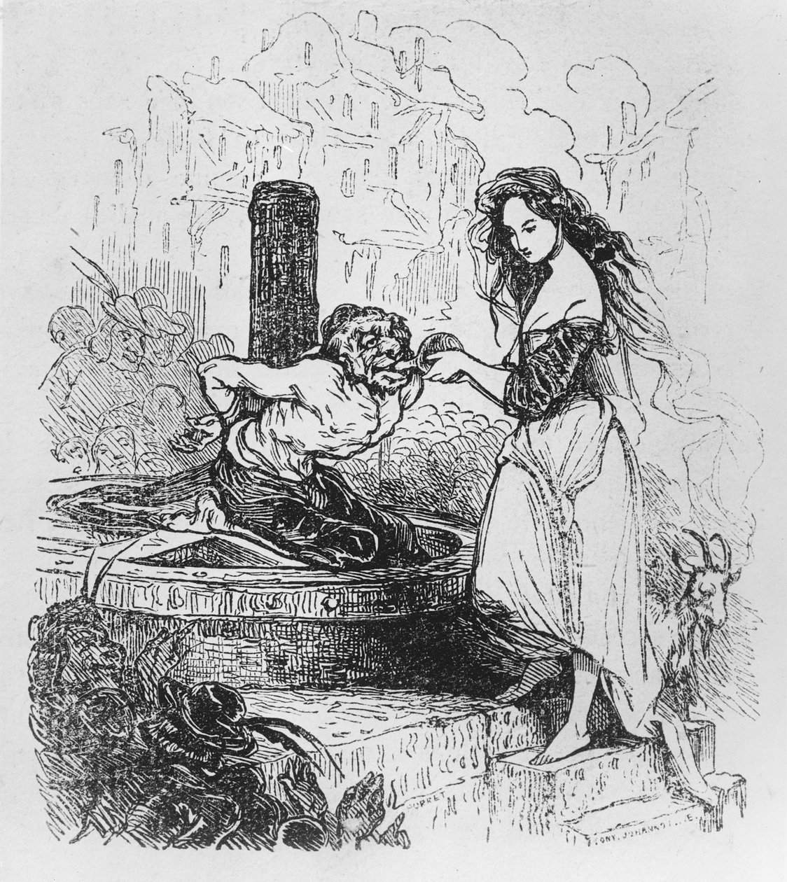 Esmeralda giving Quasimodo a drink, illustration from 