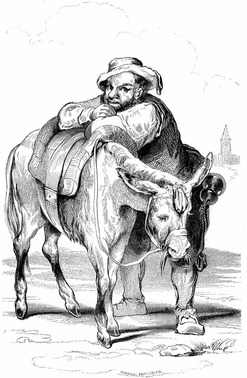 Sancho Panza, squire of Don Quixote and his donkey. Illustration of Cervantes