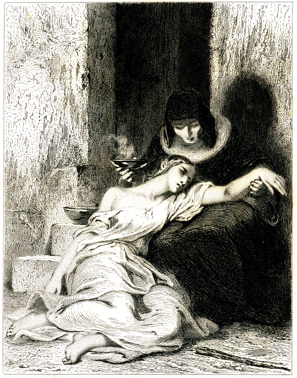 Young woman visibly suffering (sick) slamed on the knees of an older woman who makes her take a potion (medicine) (etching) by Tony Johannot