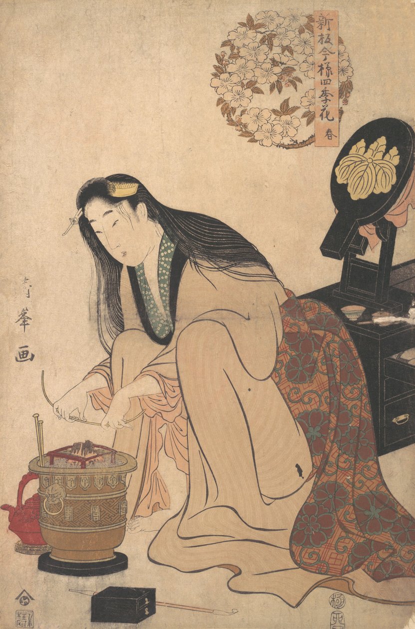 Lady Arranging Binsashi Support for the Hair over the Temples to put in Her Hair, ca. 1808 by Torii Kiyomine