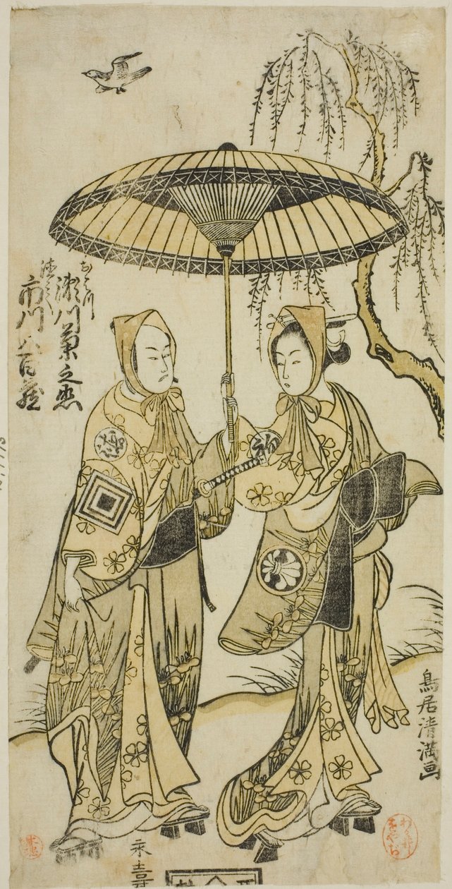 The Actors Segawa Kikunojo II as Ohatsu and Ichikawa Yaozo II as her lover Tokubei in the play "Yoni Osaka Nitsui no Meoto," performed at the Ichimura Theater in the second month, 1767 by Torii Kiyomitsu I