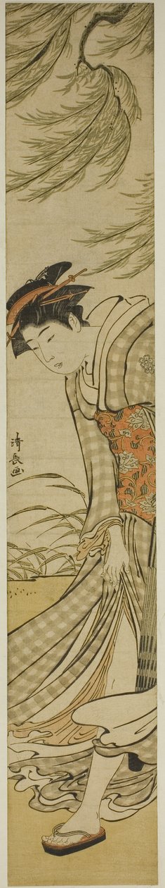 Courtesan Walking Under a Willow Tree on a Breezy Day by Torii Kiyonaga
