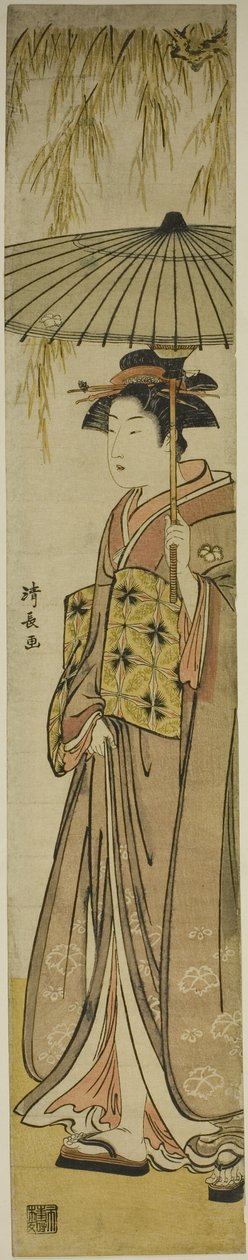 Geisha Carrying a Parasol Under a Willow Tree by Torii Kiyonaga