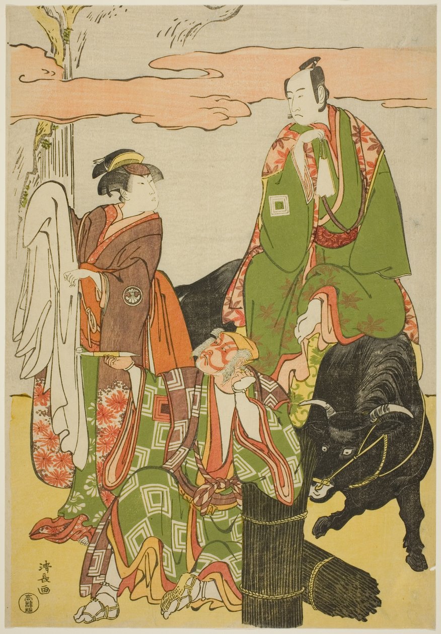 The Actors Ichikawa Monnosuke II as Miyukinosuke, Segawa Kikunojo III as Hatsune-hime, and Ichikawa Danjuro V as Ninnaji no Saibei, in the Joruri 