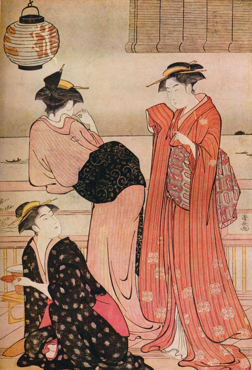 Three girls on the veranda of a tea-house overlooking Edo Bay at Shinagawa, c1752-1815 by Torii Kiyonaga