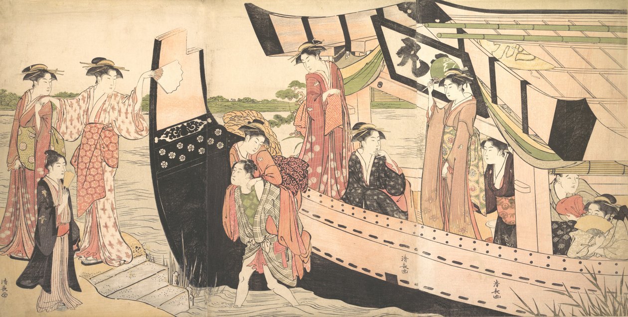 Women Landing from a Pleasure Boat Drawn Up to the Shore at Mukojima on Sumida River, ca. 1785 by Torii Kiyonaga