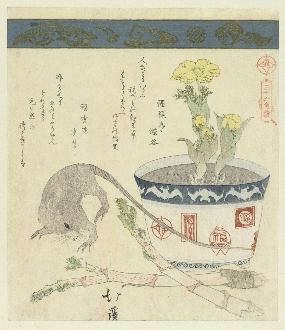 Rat and Bowl with Adonis (series title: A Series of Thirty-Six Birds) by Totoya Hokkei