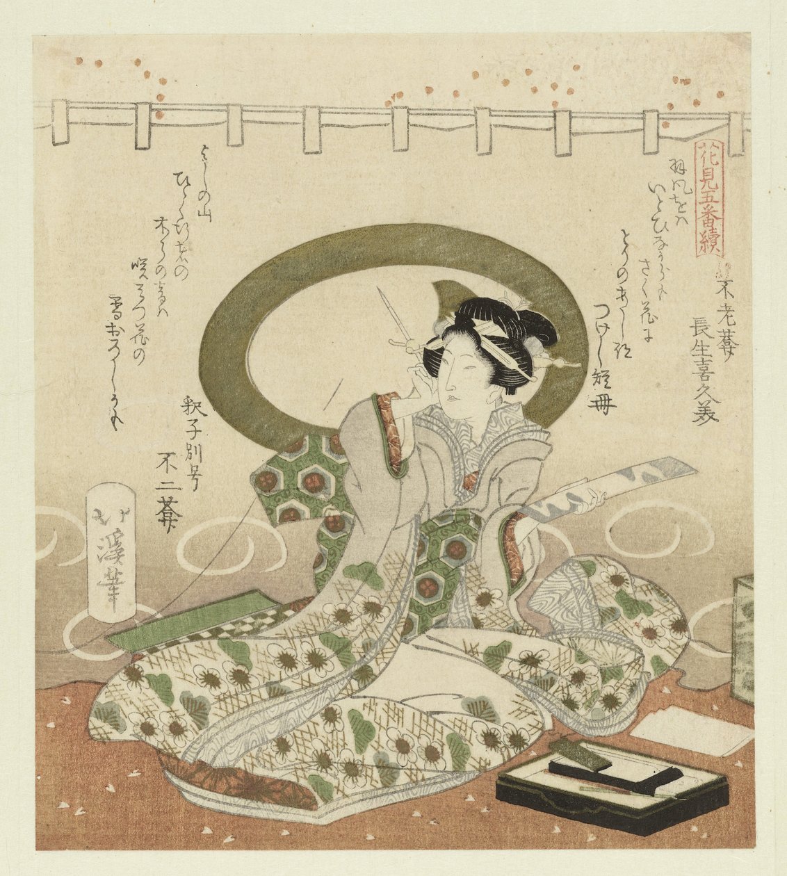 Woman Writing a Poem (Five-Part Series on Admiring Flowers) by Totoya Hokkei