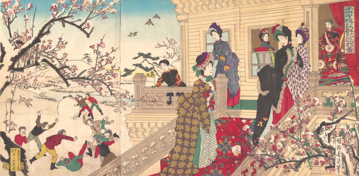 Children Playing in the Snow under Plum Trees in Bloom, 1887 by Toyohara Chikanobu