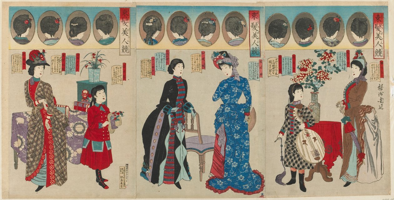 Comparison of Beautiful Women in Western Coiffures, Meiji era, 1887 by Toyohara Chikanobu