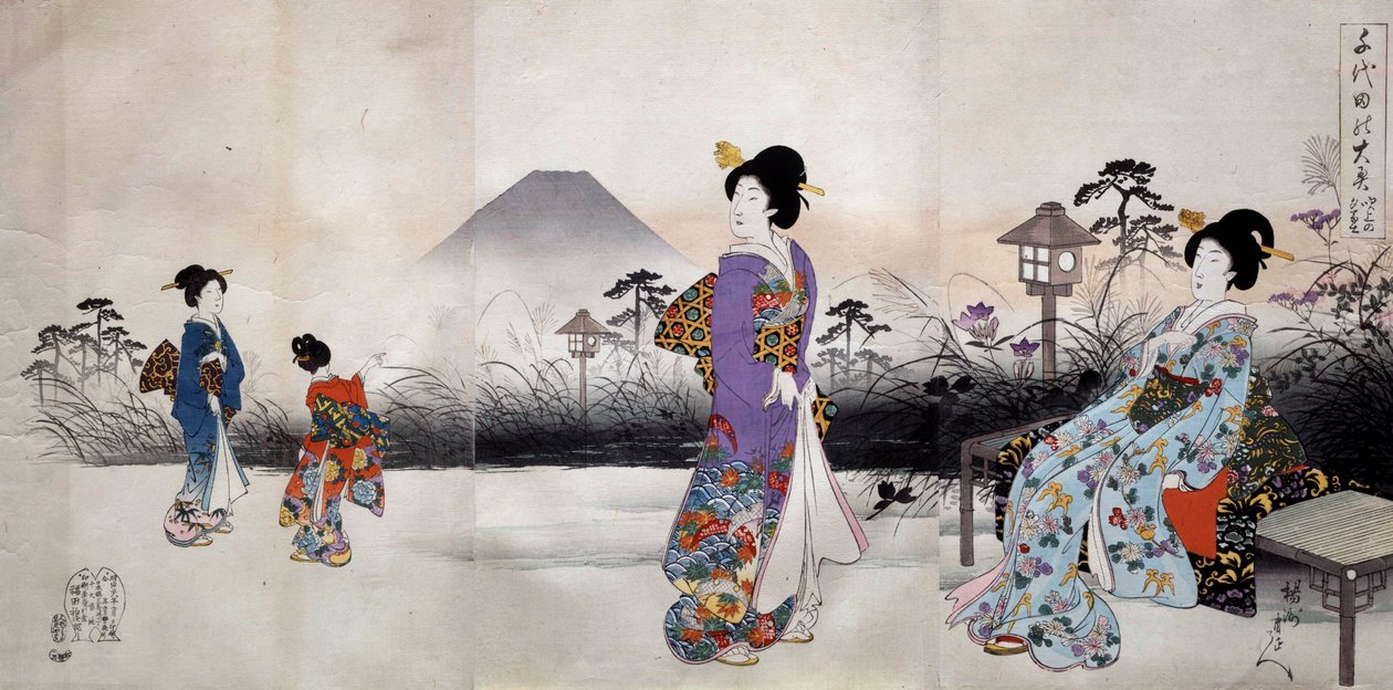 Japanese women walking in front of Mount Fuji. Japanese print by Toyohara Chikanobu (1896) by Toyohara Chikanobu