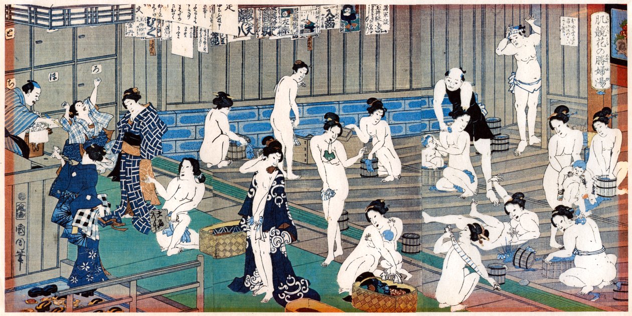 Bath house scene, a print by Toyohara Kunichika by Toyohara Kunichika