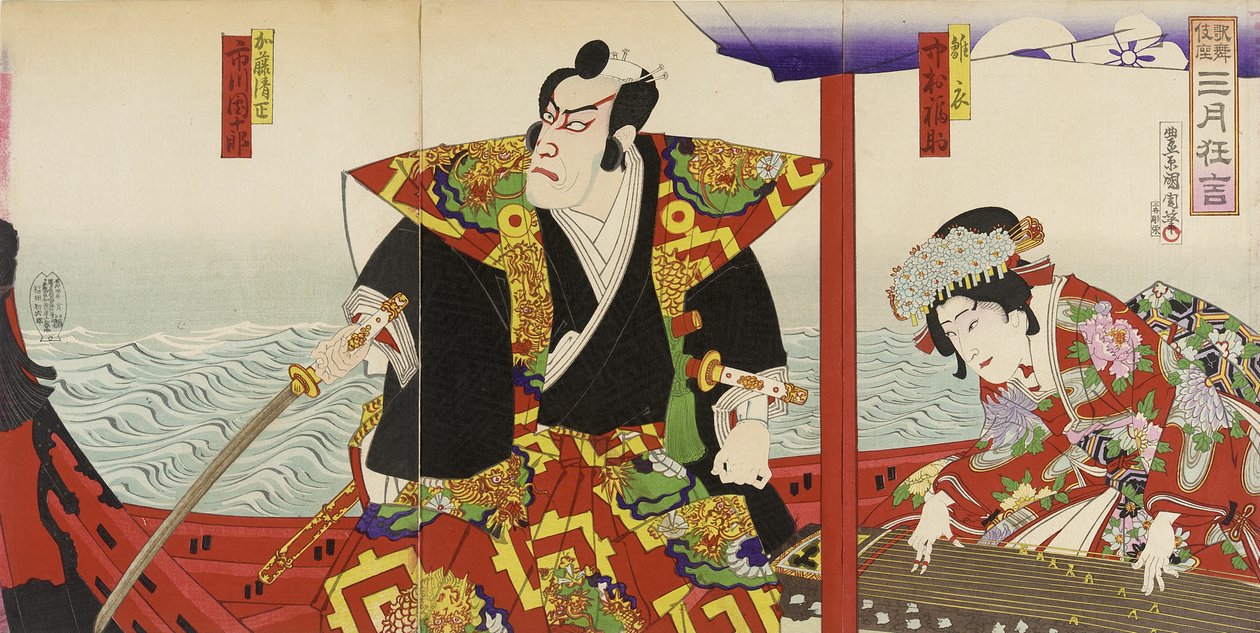Ichikawa Danjūrō and Nakamura Fukusuke in the Roles of Katō Kiyomasa and Hinakinu by Toyohara Kunichika