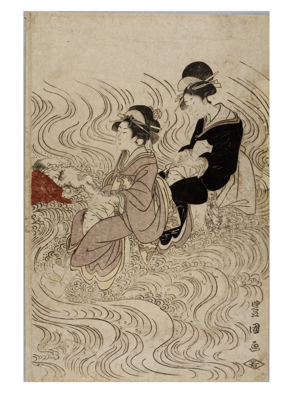 Party of Courtesans Fording a Wave-Wracked River by Toyokuni Utagawa