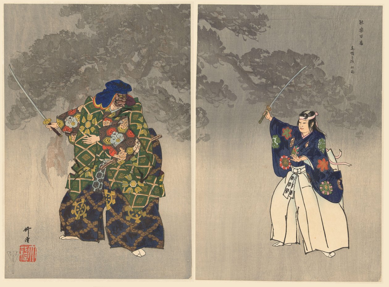 Actors in the Noh Play Eboshiori (Hundred Noh Plays, Nogaku hyakuban) by Tsukioka Kogyo