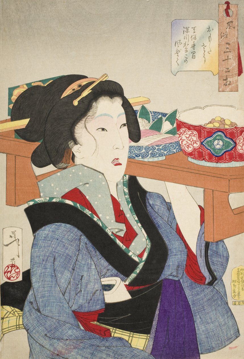 Looking Weighed Down: The Manner of a Waitress at Fukagawa in the Tenpō Era by Tsukioka Yoshitoshi