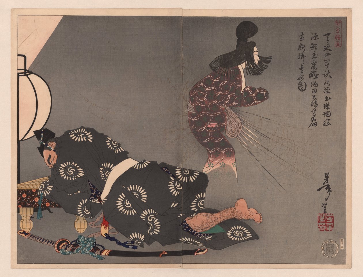 Sakata Kintoki and Tsuchigumo (Sketches of Yoshitoshi) by Tsukioka Yoshitoshi