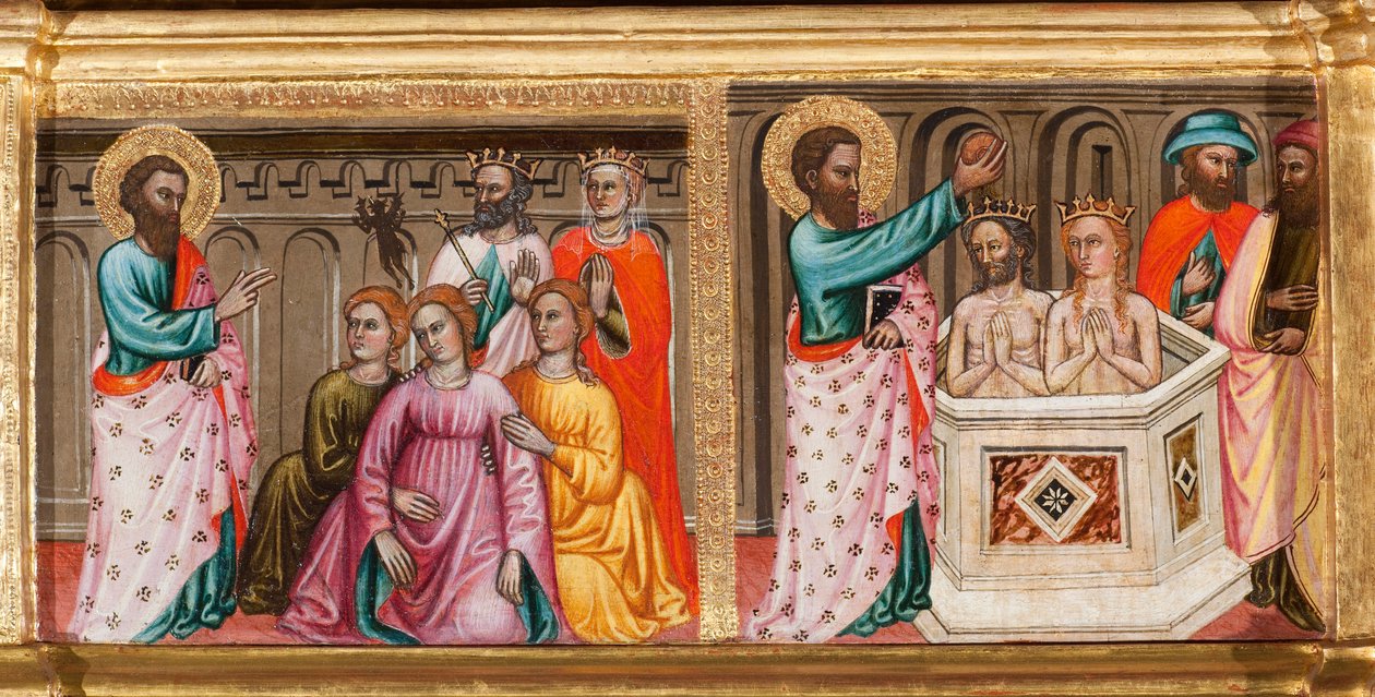 Predella with life of St. Bartholomew, doing exorcisms and baptizing (detail) by Turino Vanni