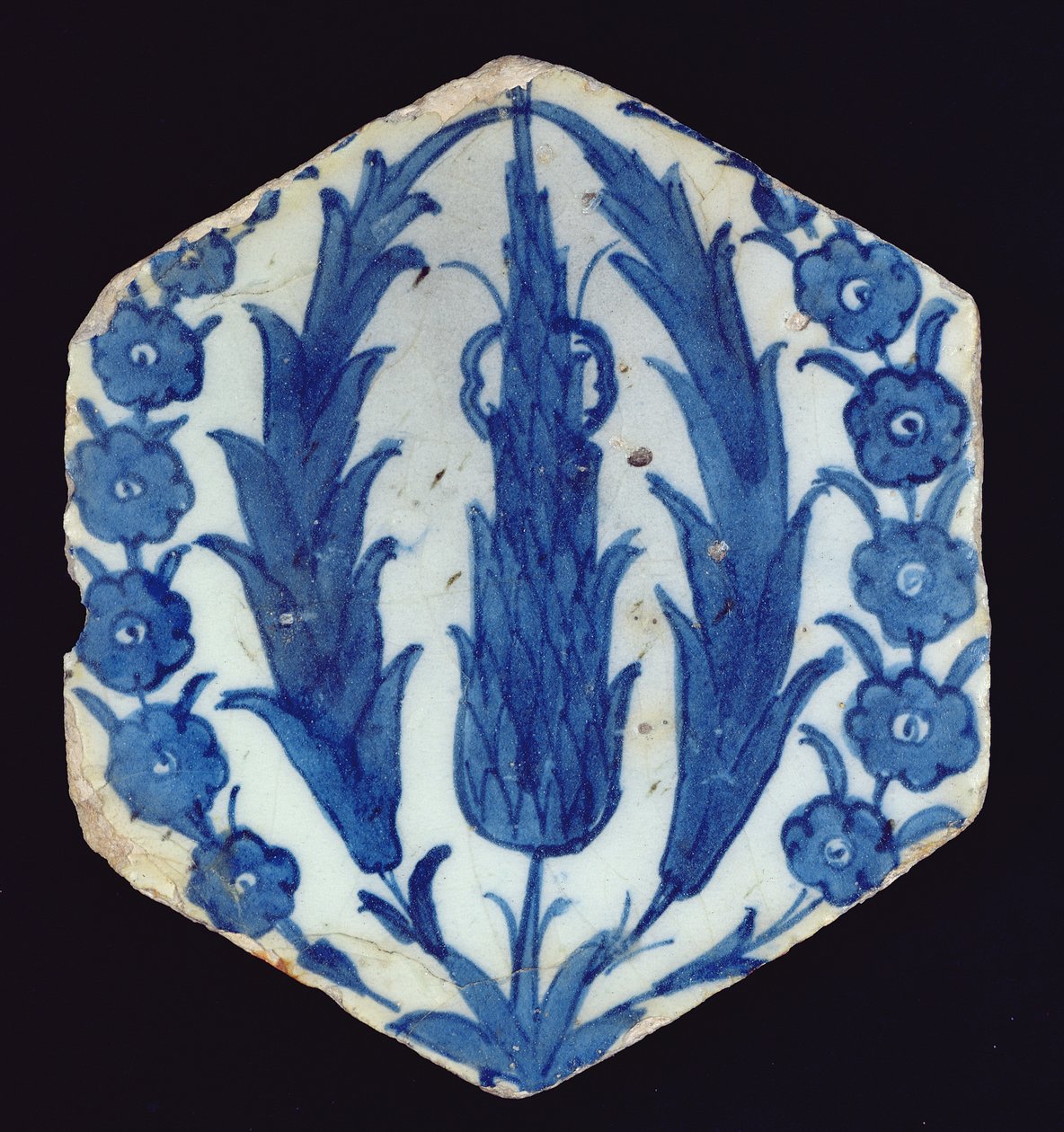 Hexagonal Isnik Tile with Cypresses and a Prunus, 1560-70 by Turkish School