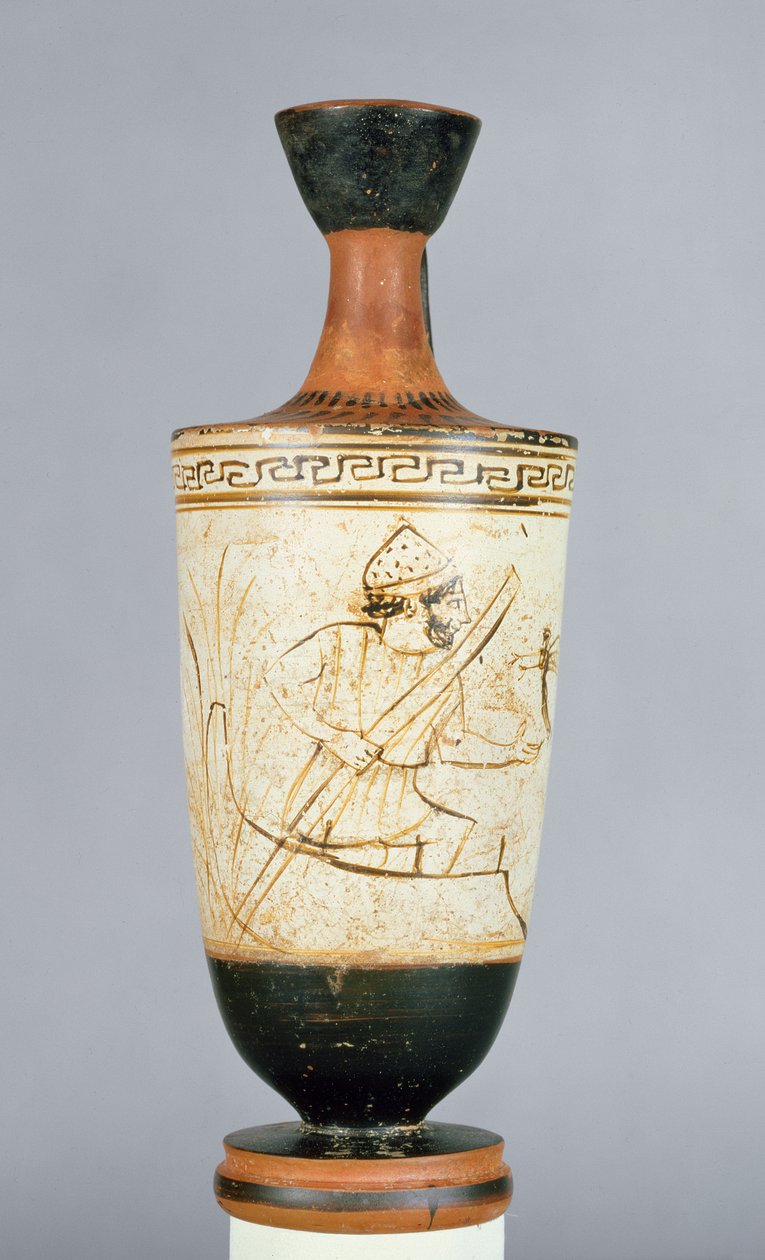 Attic White-Ground Lekythos Decorated with Charon Receiving the Soul of a Dead Person by Tymbos Painter