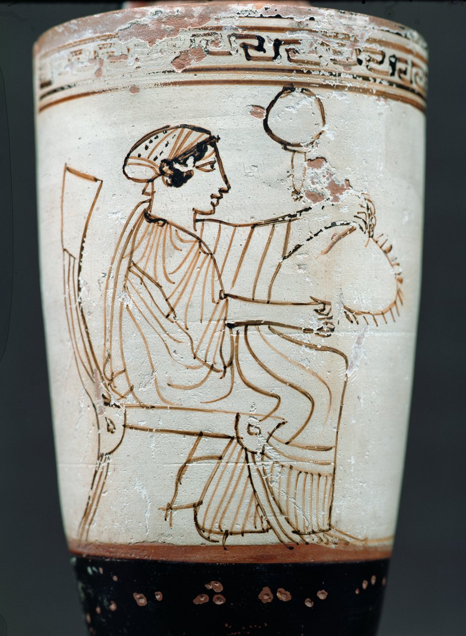 Attic white ground lekythos depicting a woman plaiting a wreath, c.475-420 BC by Tymbos Painter