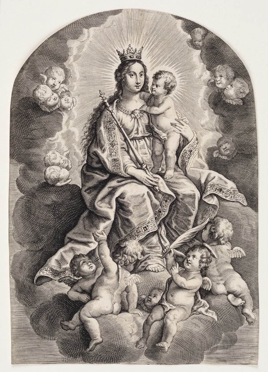 Virgin Mary in the Cloud, with Baby Jesus, Scepter and Crown by Ubekendt