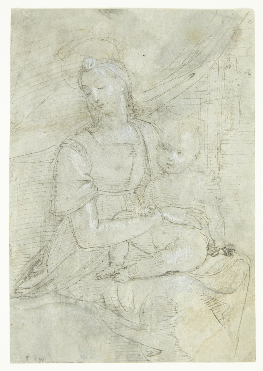 Mary with the Christ Child, Sitting in Front of a Drapery. In the Background in a Doorway a Man by Ubekendt