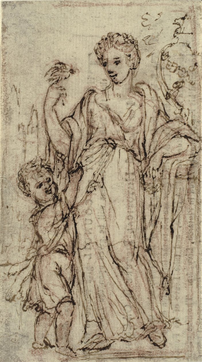 Woman with Bird in Her Right Hand and a Child Reaching for It by Ubekendt