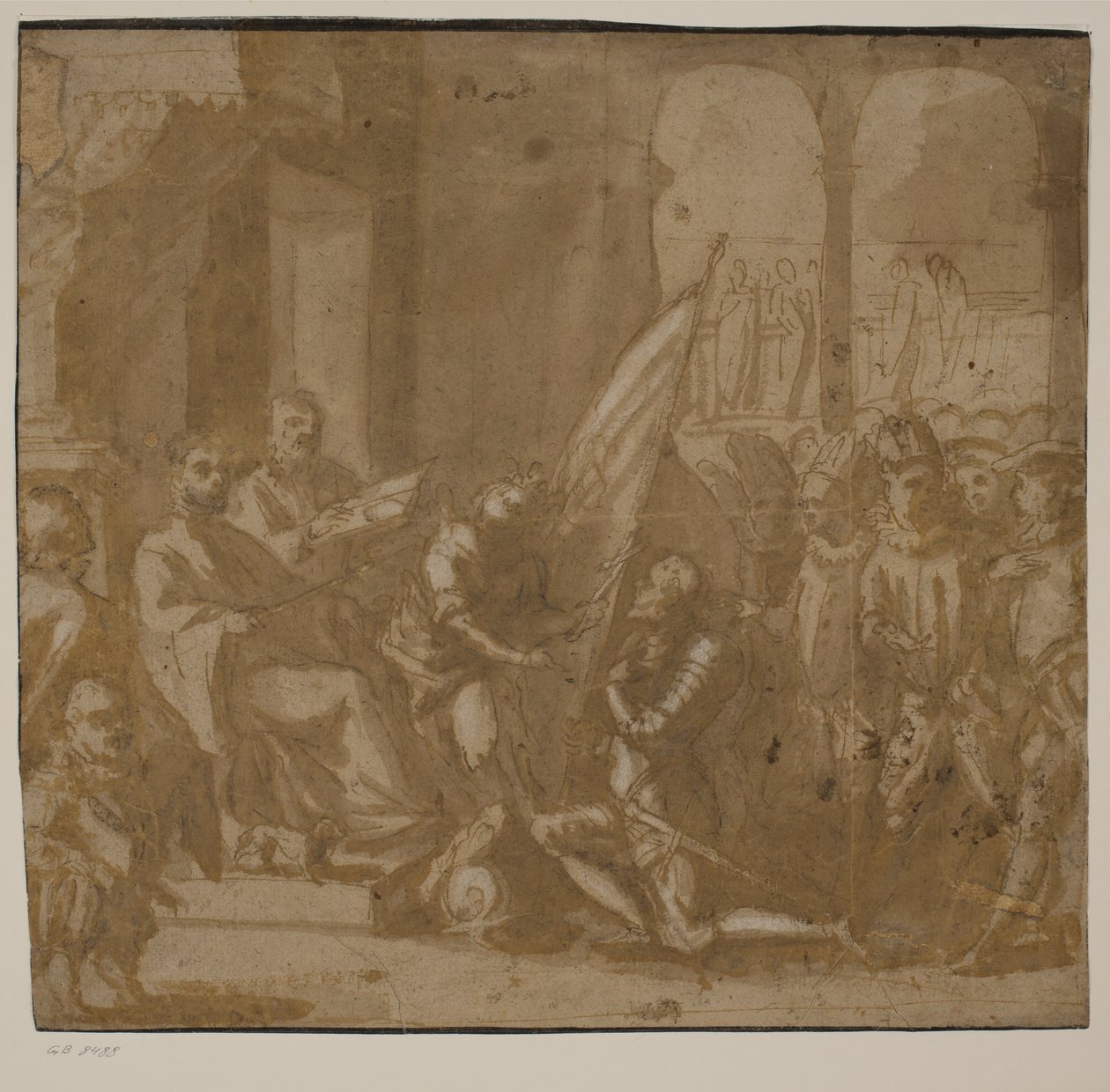 A Soldier in Armour Kneeling in Front of an Enthroned Procurator by Ubekendt Ubekendt