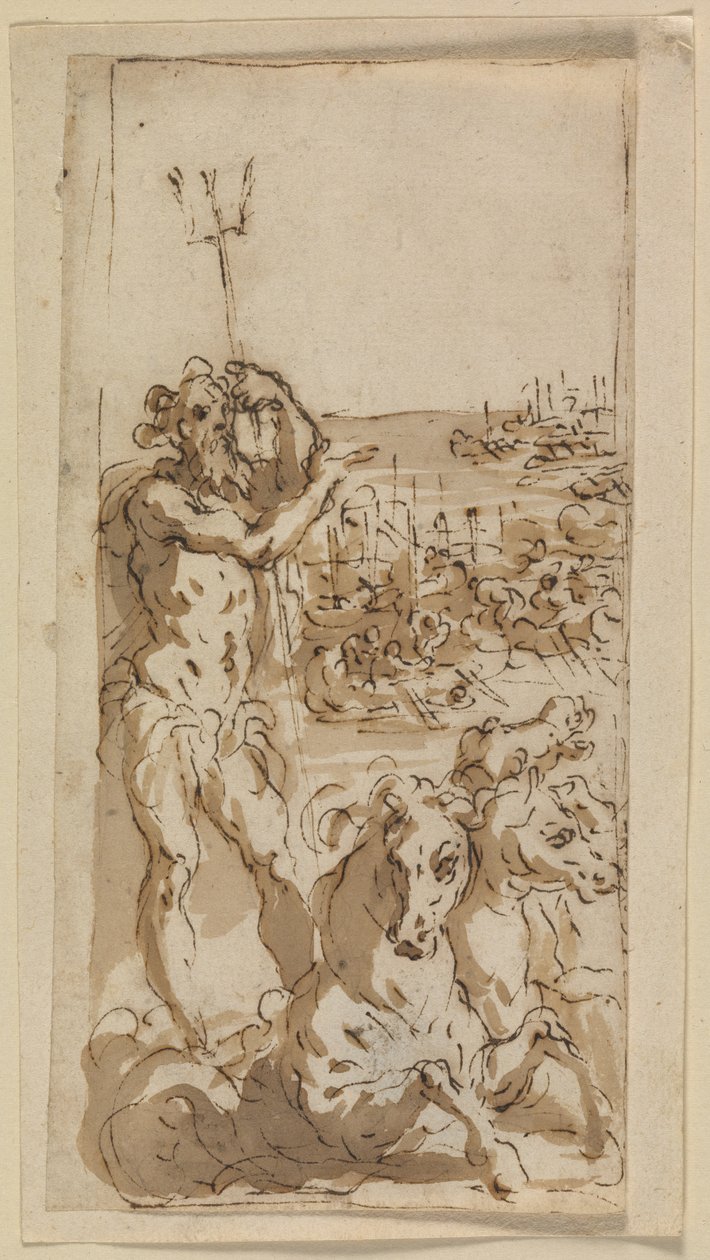 Neptune Indicating a Naval Battle in the Background by Ubekendt Ubekendt
