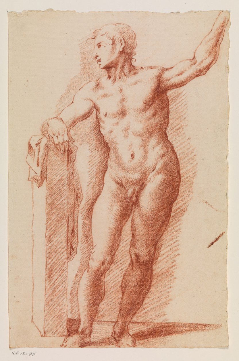 Standing Male Figure Leaning on a Plinth on the Left by Ubekendt Ubekendt