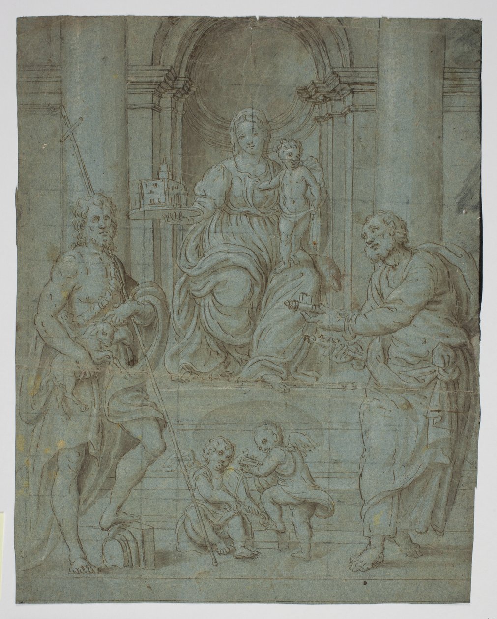 The Virgin and Child Enthroned with Sts Peter and John the Baptist, and Two Musician Child Angels by Ubekendt Ubekendt
