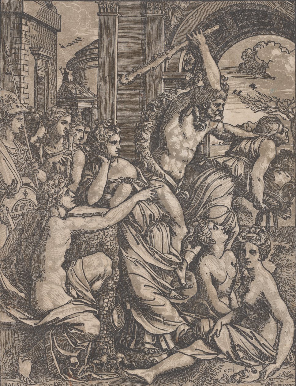 Hercules chasing Avarice from the Temple of the Muses by Ugo da Carpi