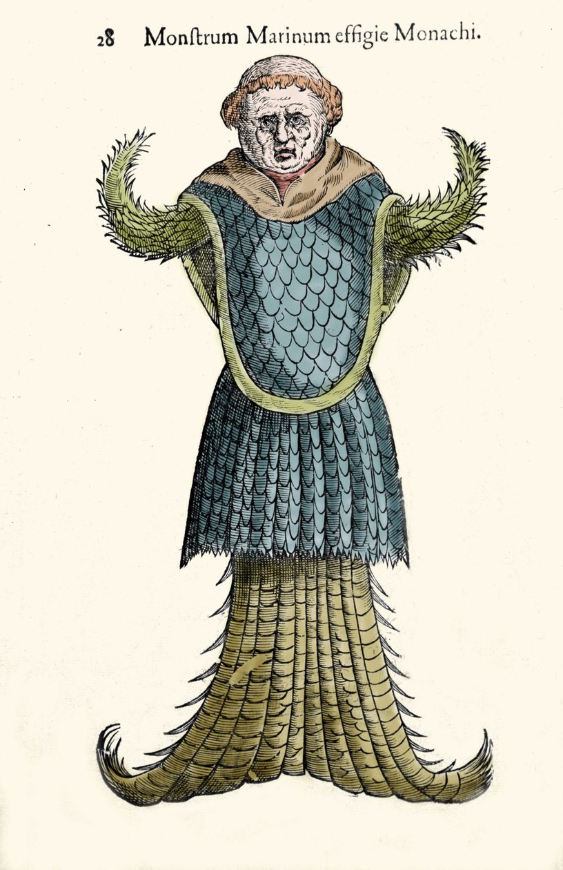 The sea monk, imaginary fish and marine monster by Ulisse Aldrovandi (1522-1605), Monstrorum Historiae, Bologna 1642 by Ulisse Aldrovandi