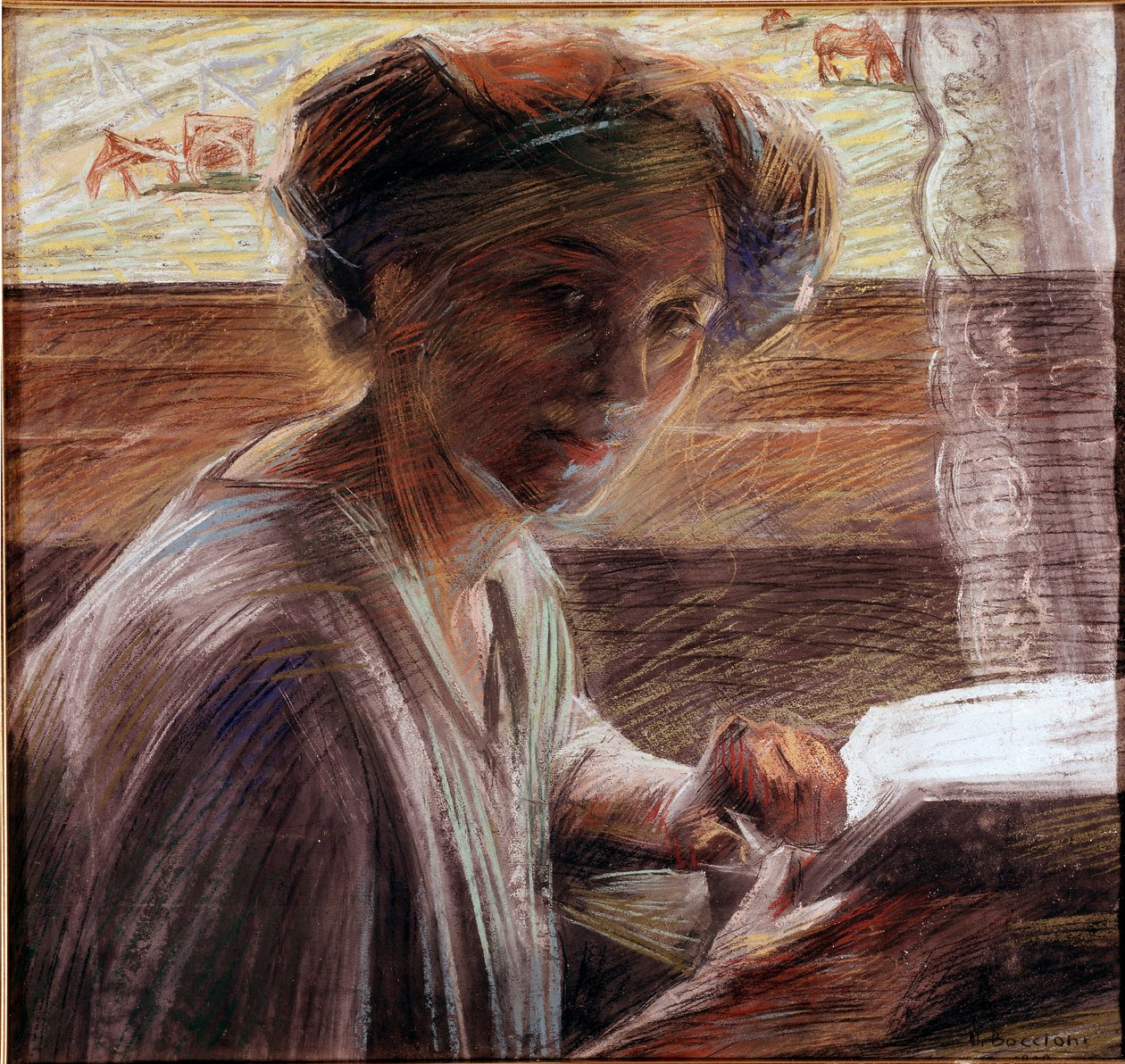 Portrait of the sister of the painter reading Pastel painting by Umberto Boccioni (1882-1916) 1908 Sun. 54x58 cm Venice, Galleria d