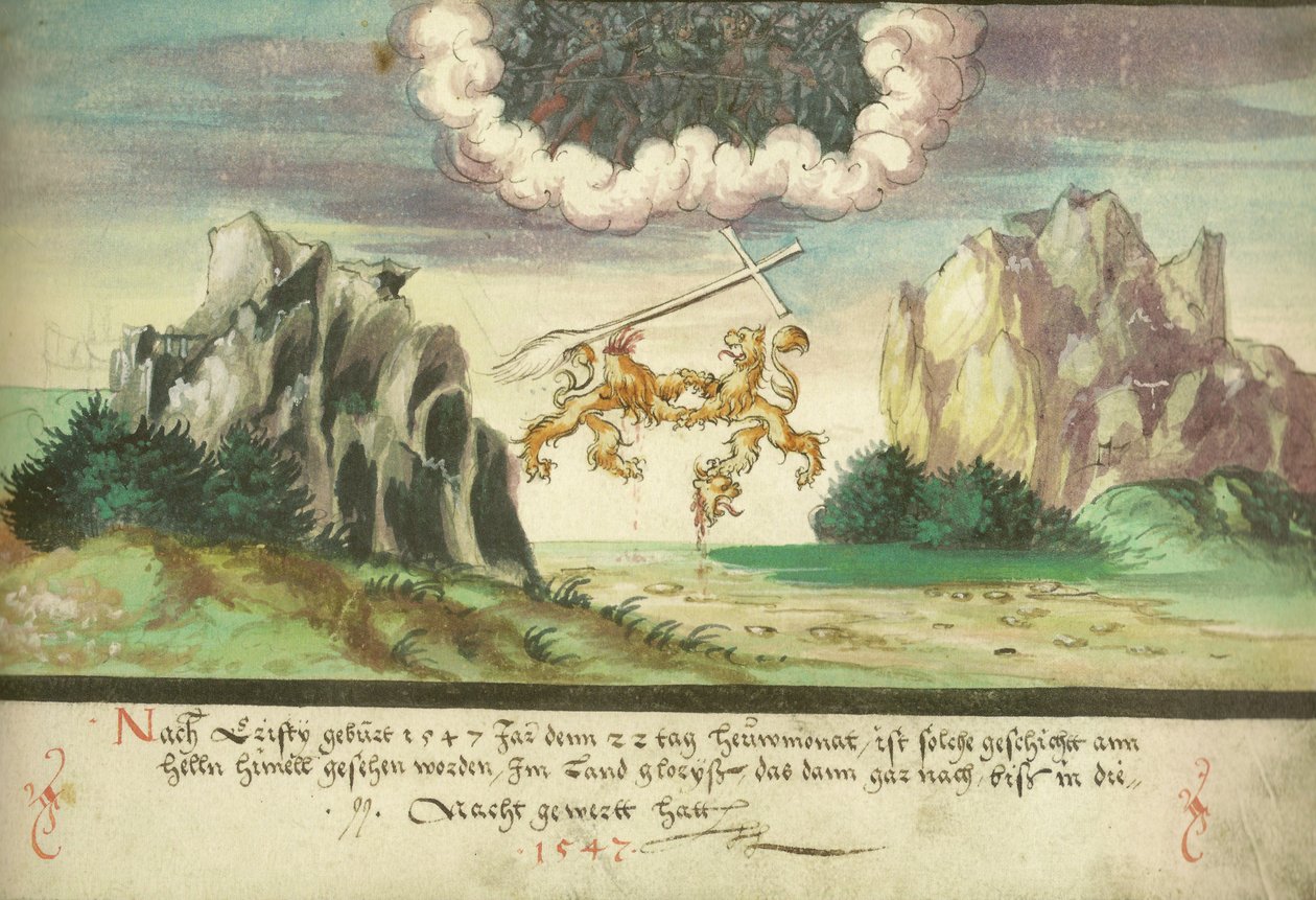 Augsburg Book of Miracles — Folio 157- Sky Battle, Lions over Glarus by Unbekannt Unbekannt
