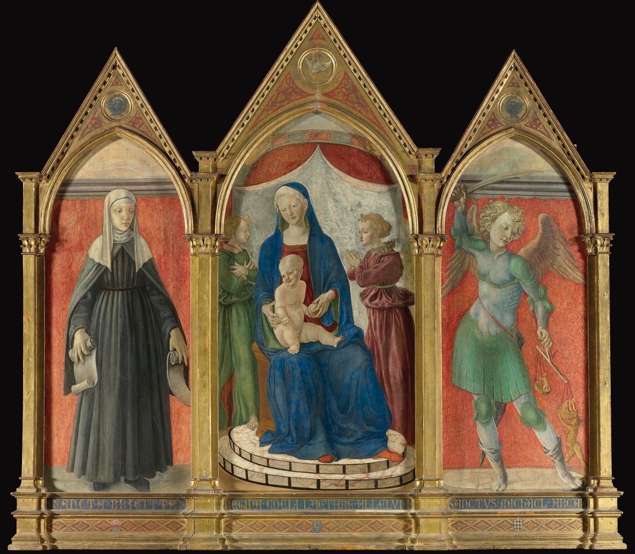 Maestro di Pratovecchio, Triptych with Madonna, Saint Bridget, and Saint Michael by Unbekannt Unbekannt